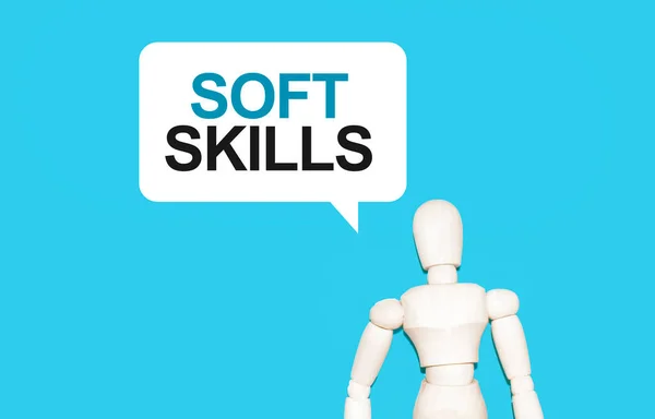 Trämannen Och Det Vita Molnet Med Text Soft Skills Texten — Stockfoto