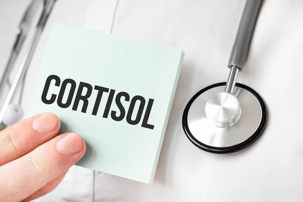 Docteur Tenant Carte Dans Les Mains Pointant Mot Cortisol — Photo