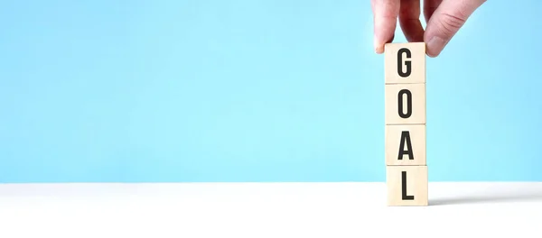 Ziel Neujahr Holzwürfel Auf Blauem Tischhintergrund Mit Kopierraum Für Text — Stockfoto