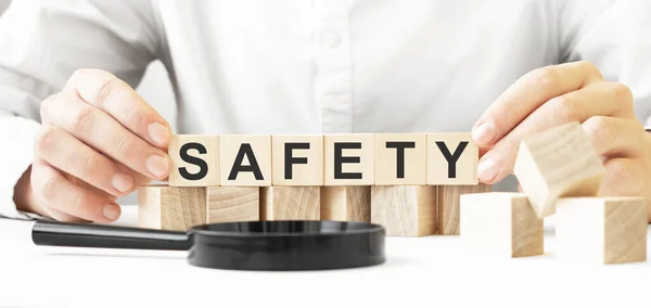 Businessman Holding Wooden Cubes Businessman Watch Wooden Cubes Text Safety — Stock Photo, Image