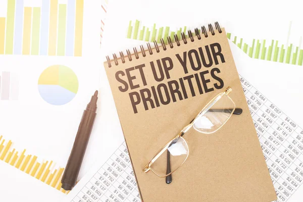 Craft Colour Notebook Set Your Priorities Inscription Next Pencils Glasses — Stock Photo, Image