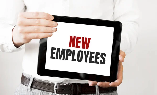 Text New Employees Tablet Display Businessman Hands White Bakcground Business — Stock Photo, Image