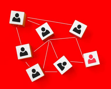 Tahta küp blok yazdırma ekranı kişisi simgesi, sosyal ağ ve takım çalışması konseptini örgütlemek için bağlantı ağı bağlantısını sağlayan simge.