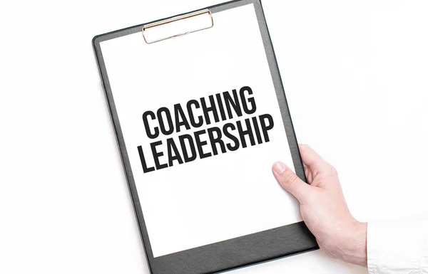 Businessman Holds Folder Paper Sheet Text Coaching Leadership Business Concept — Zdjęcie stockowe