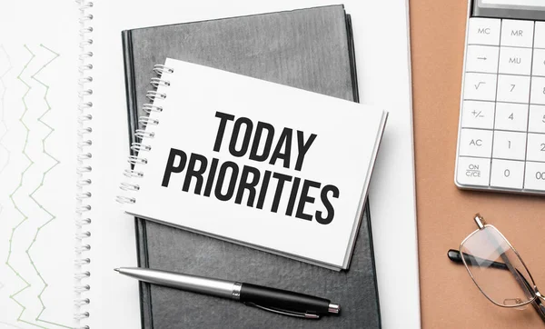 Today Priorities Notepad Various Business Papers Brown Background Brown Glasses — Foto Stock