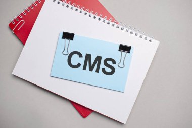 Beyaz ve kırmızı not defterinde CMS yazılı mavi renkli çubuk