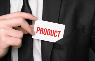 Businessman holding a card with text prodcut