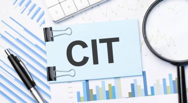 Top view of text cit with calculator, magnifying glass and pen on financial charts . Business, calculation, strategy, searching and tax concept. Top view. clipart