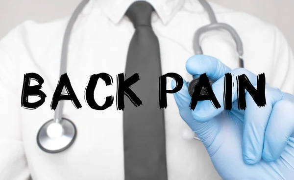 Medicine Concept Doctor Writes Word Back Pain Image Hand Holding — Stock Photo, Image