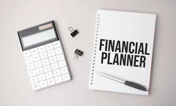 Word Financial Planner Written White Background Next Pen Calculator Reports — Stock Photo, Image