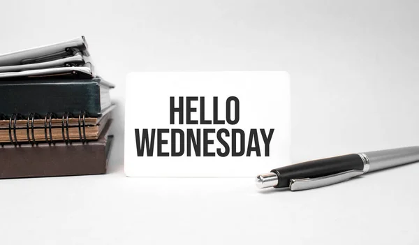 Paper Plate Glasses Notepad Stack Pen Text Hello Wednesday Business — Stock Photo, Image