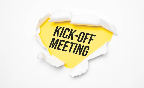 Top View White Torn Paper Text Kick Meeting Yellow Background — Stock Photo, Image