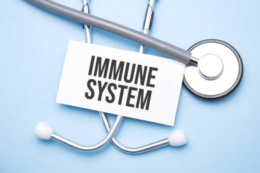 Stetoskop, tıbbi masada bağışıklık sistemi metni olan kağıt.