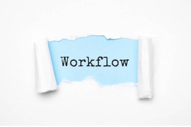 Workflow 'u keşfetme kavramı. Açığa çıkarılmış bej yırtık kağıt ve arama motoru optimizasyonu kısaltması.