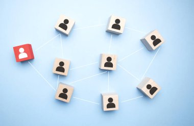 İş hayatında işe alma, işe alma, terfi etme ya da takım oluşturma kavramı. Çalışan simgelerine sahip tahta küpler.