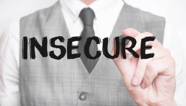 Businessman writing word insecure with marker, Business concept