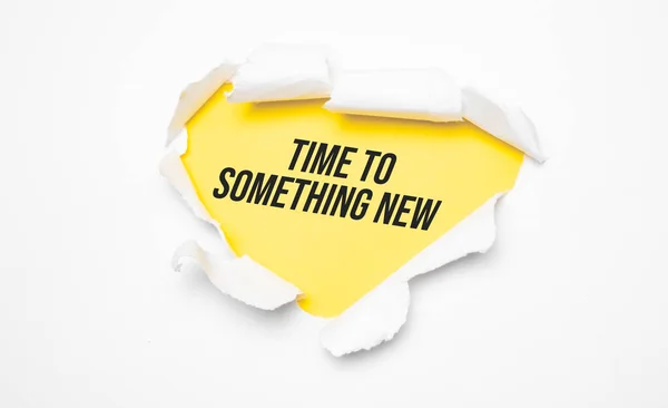 Top View White Torn Paper Text Time Something Newon Yellow — Stockfoto