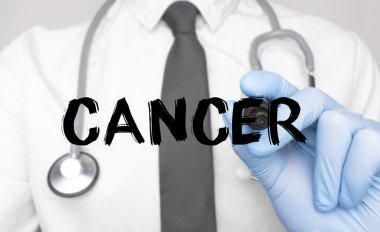 Tıp konsepti. Doktor kanser kelimesini yazıyor. Beyaz arkaplanda izole edilmiş bir işaret tutan bir elin resmi.