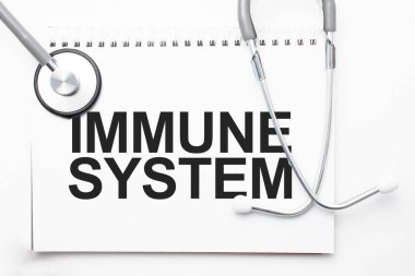 Gri steteskop ve kağıttan bir sayfa beyaz kağıt ile bağışıklık sistemi açık mavi arka plan. Tıbbi konsept.