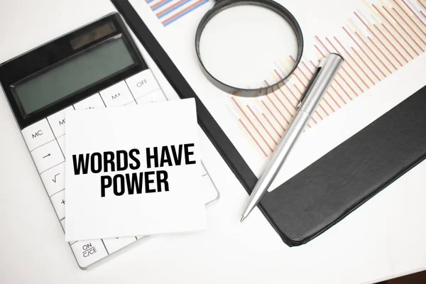 Tekst Words Have Power Easel Office Tools Paper Widok Góry — Zdjęcie stockowe