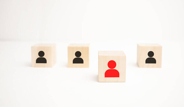 Social distance COVID-19, Human resource management and recruitment business concept. Wooden cube blocks are different with human icons, red, prominent crowds