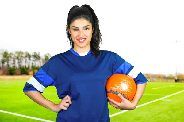 Young Soccer Player Holds Her Ball Her Arm Front Soccer — Stock Photo, Image