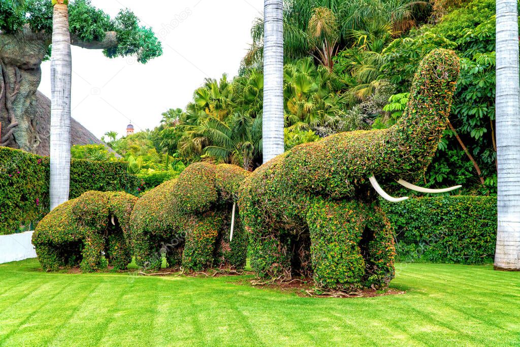 Green Elephants Garden Sculptures. Tenerife, Loro Parque entrance.