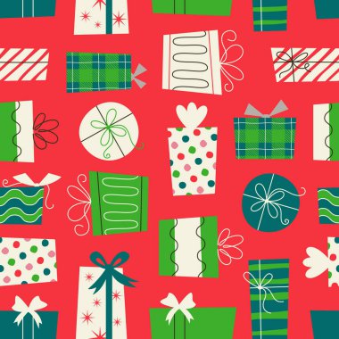 Noel ve hediye kutularıyla kusursuz bir yeni yıl. Moda tarzı. Tekstil, ambalaj, kart, Xmas ya da tatil tasarımı içeren paket kağıdı.