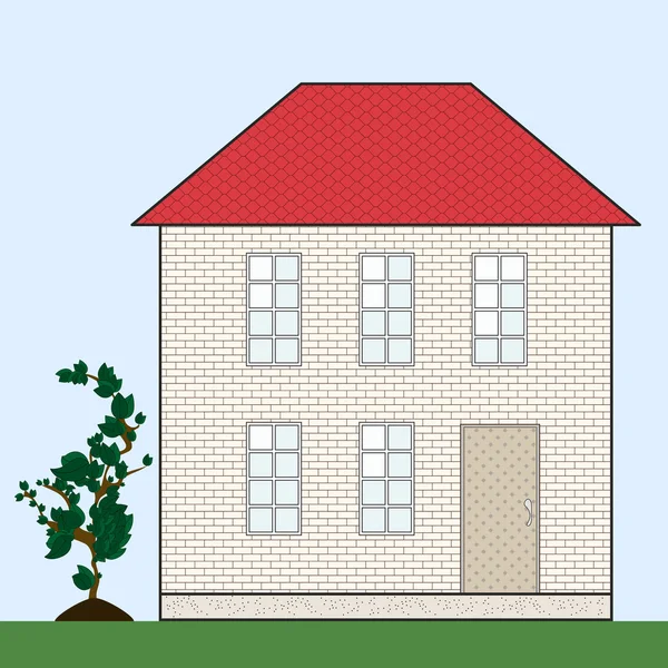 Bakstenen huis met rood pannendak — Stockvector