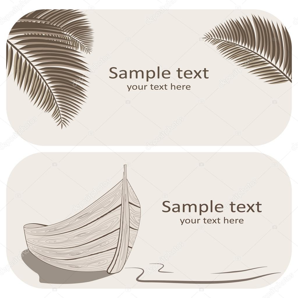 Wooden Boat and palm leaves business cards set on beige