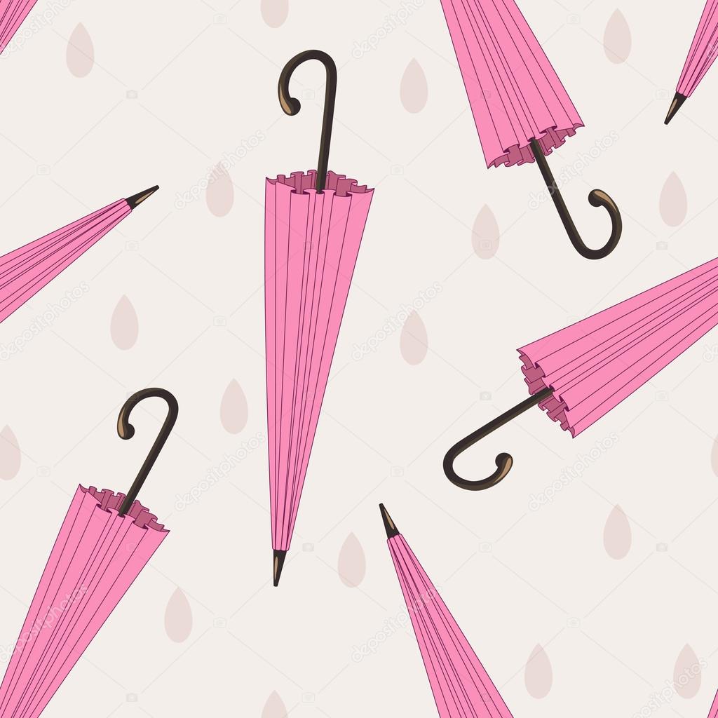 Pink umbrellas seamless pattern with raindrop