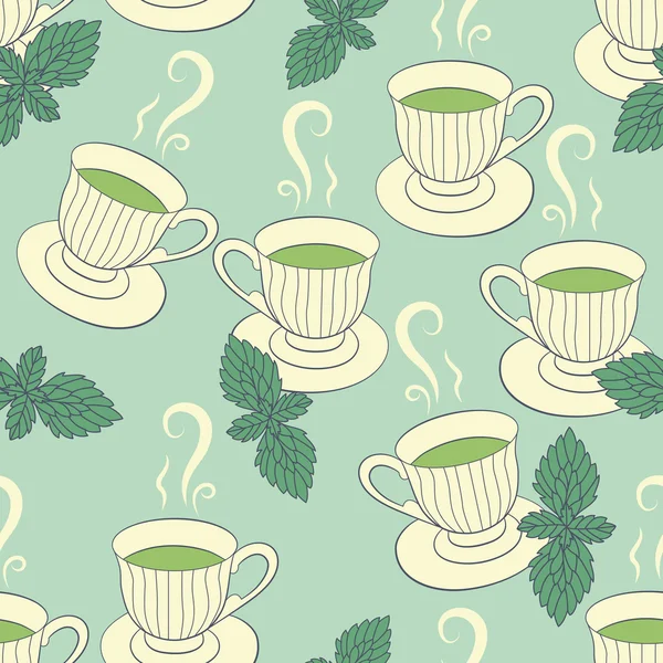 Modèle sans couture avec tasses à dessin à la main et menthe — Image vectorielle