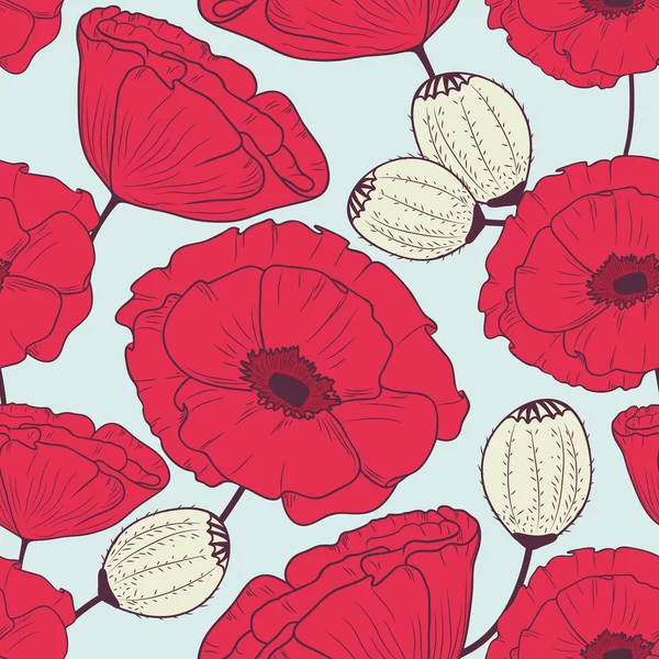 红罂粟花朵无缝模式 — 图库矢量图片