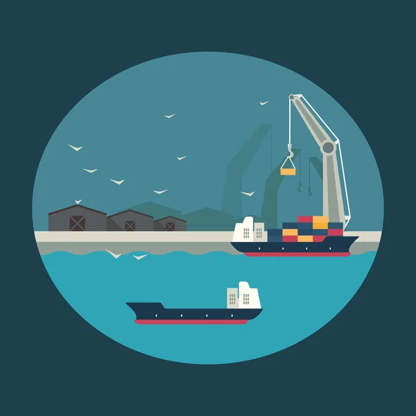 Φορτηγό πλοίο φόρτωσης τα εμπορευματοκιβώτια επί του σκάφους. Infographic εικονογράφηση — Διανυσματικό Αρχείο