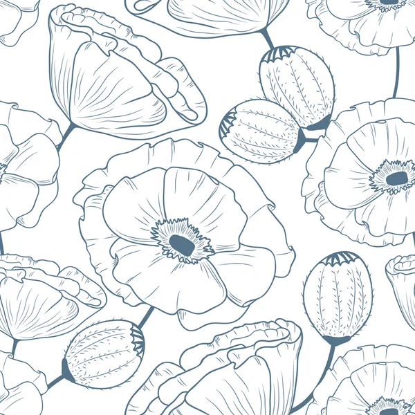 Umriss florales nahtloses Muster mit Kritzelmohn — Stockvektor