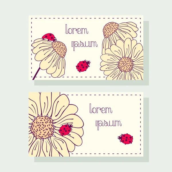 Conjunto de tarjetas de visita con mariquita y margarita — Vector de stock