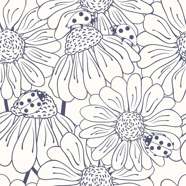 Marienkäfer und Gänseblümchen zeichnen nahtloses Muster — Stockvektor