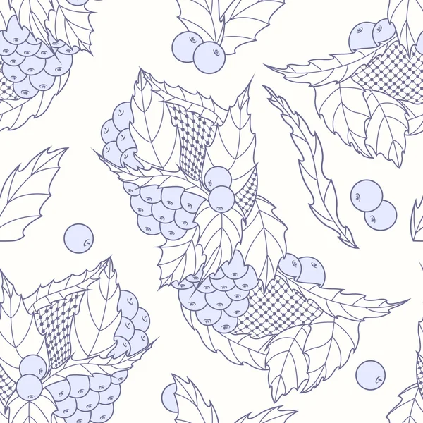 Umriss von Hand gezeichneten Blättern und Beeren nahtlose Muster — Stockvektor