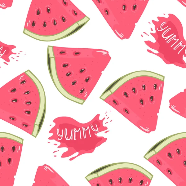 Slices of watermelon seamless pattern with juice drop — Stock Vector