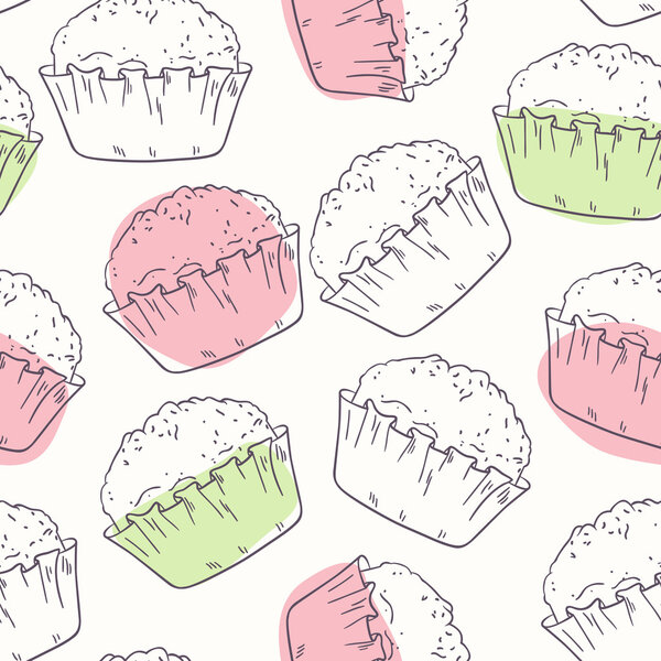 Stylized outline seamless pattern with muffins