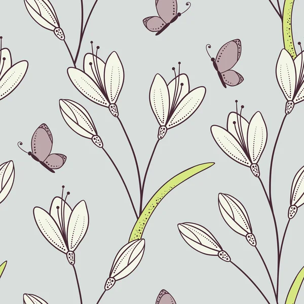Modèle sans couture stylisé avec des fleurs et des papillons — Image vectorielle