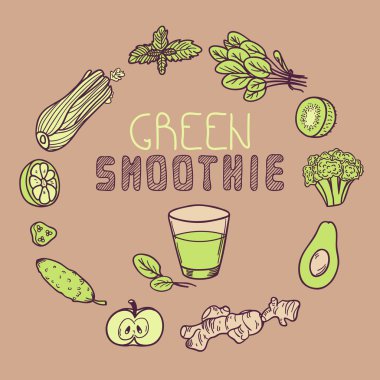 Yeşil smoothie vektör çizim. Arka plan ile sebze çerçeve