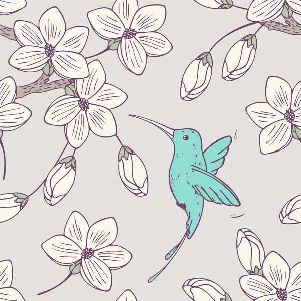 손 drwn 원활한 psttern colibri 새와 꽃 — 스톡 벡터