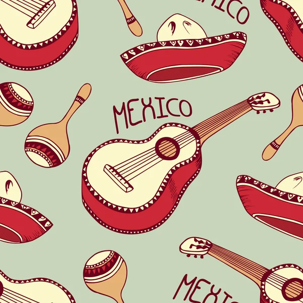 Motivo messicano senza cuciture disegnato a mano con sombrero, chitarra, maracas — Vettoriale Stock