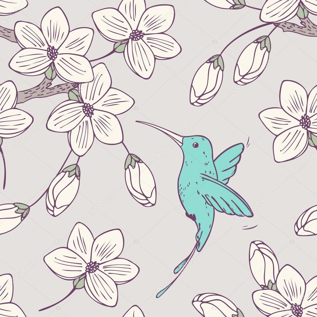 Hand drwn seamless psttern with colibri bird and flowers