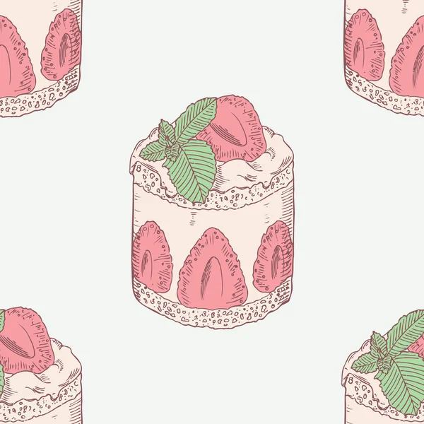 Tarta de crema de fresa con patrón sin costuras de menta. Dulce ilustración de postre — Archivo Imágenes Vectoriales