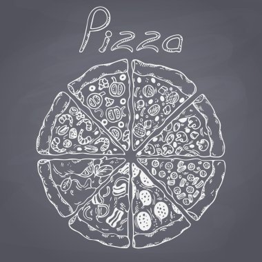 Farklı dilim pizza vektör kümesi. Tebeşir tarzı resimde kara tahta üzerinde