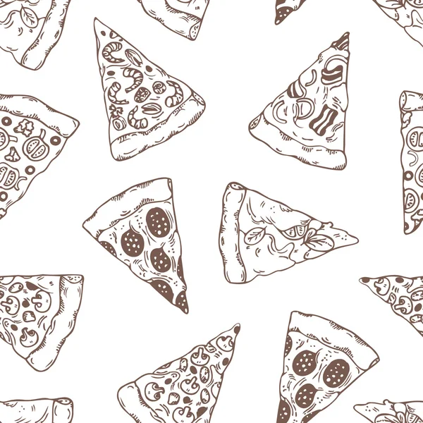 Rebanadas dibujadas a mano del esquema de pizza patrón sin costuras — Vector de stock