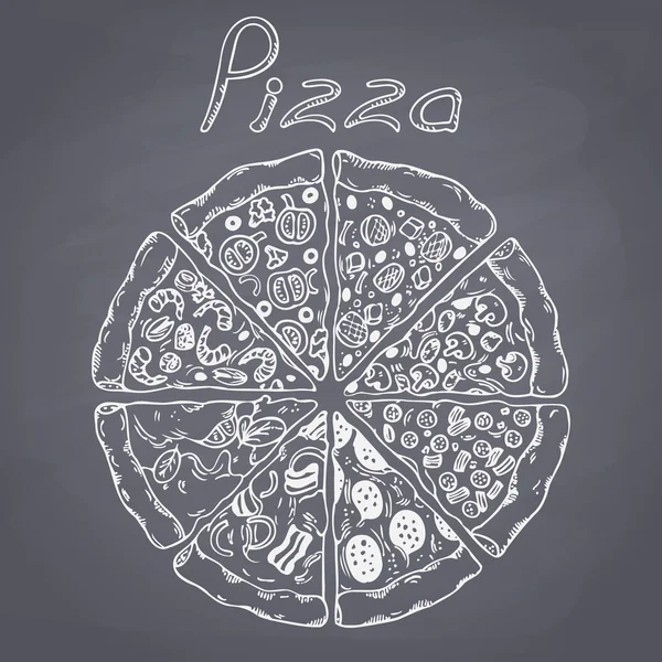 Farklı dilim pizza vektör kümesi. Tebeşir tarzı resimde kara tahta üzerinde