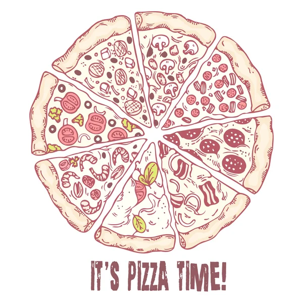 Pizza con diferentes rebanadas. Ilustración vectorial dibujada — Vector de stock